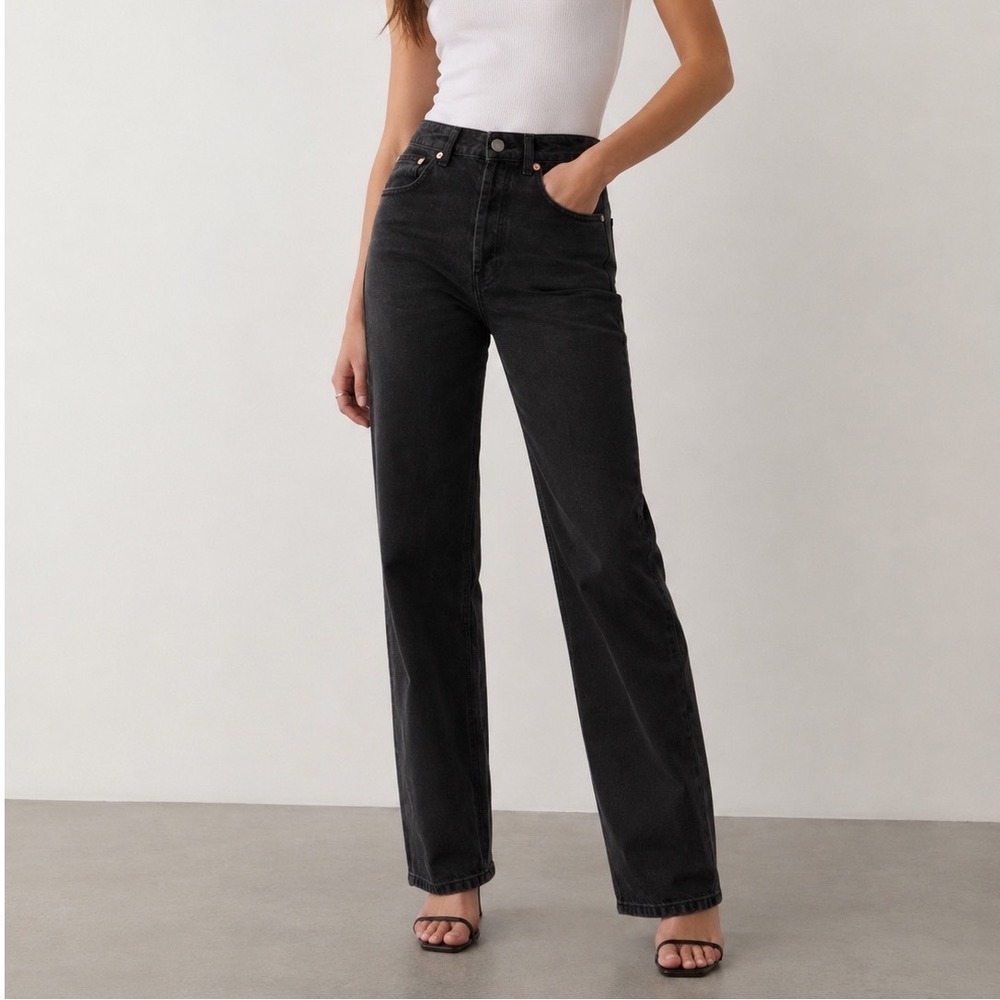 RAEY High Rise Straight Jeans Womens‎ 26 Black Organic Cotton Button Fly Luxe